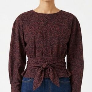 ICONE SIMONS Burgundy Black Animal Print Smocked Waist Tie Front Top Size Small